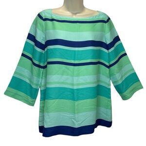 LOFT by Ann Taylor Women's Green Blue Striped Boatneck Top Blouse Size S